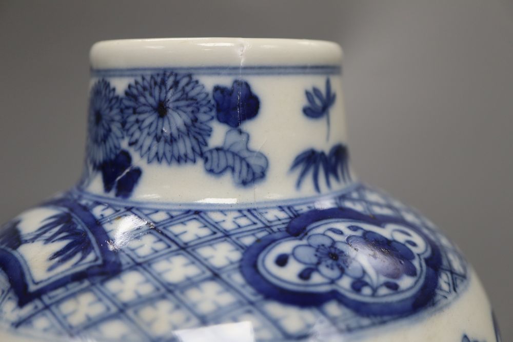 A 19th century Chinese blue and white hundred antiques vase and a Chinese blue and white vase, tallest 31cm